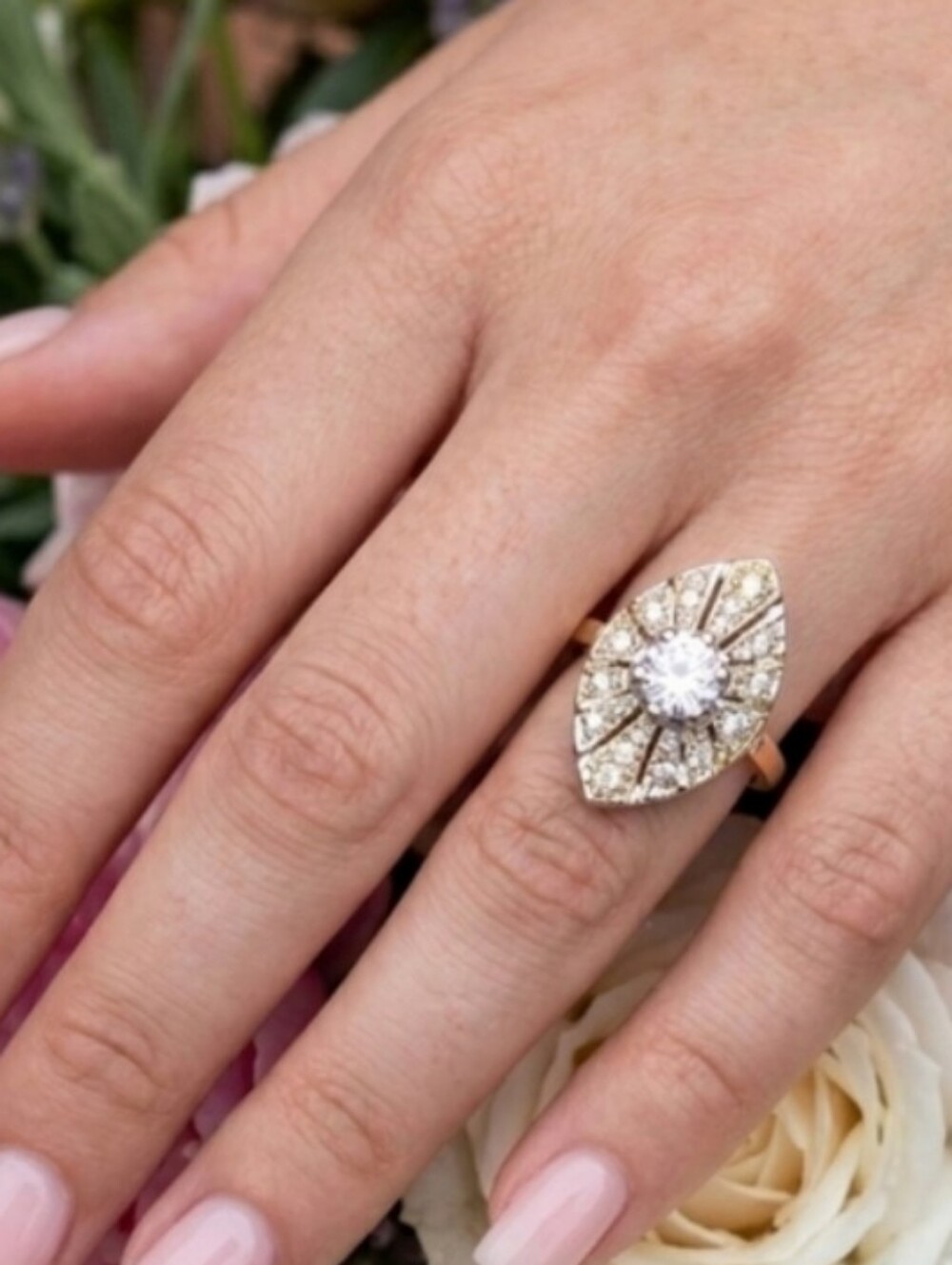 Vintage 18k Gold Plated Classic Marquise Cluster Ring with Clear Stones